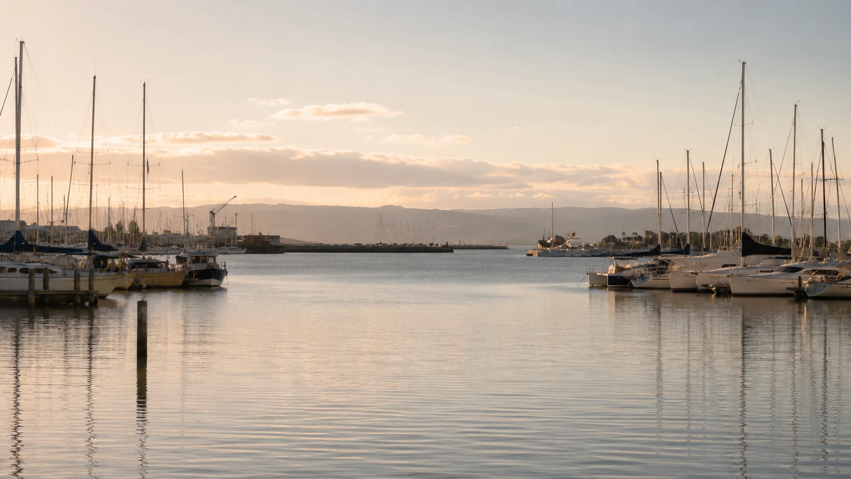 The Ahuriri marina at golden hour, moored boats on calm water