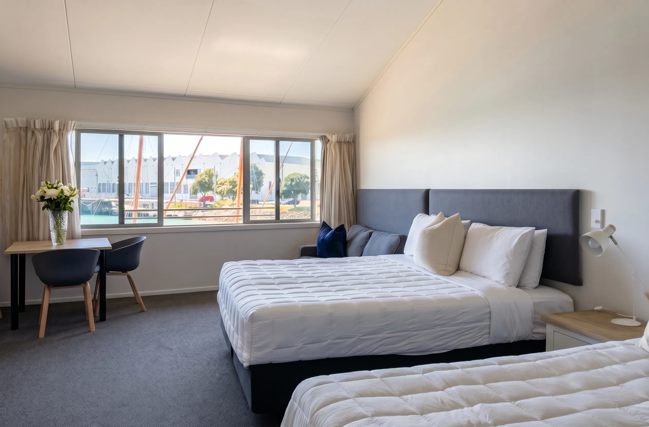 Comfort Twin Room at Bluewater Hotel, looking over the Ahuriri marina