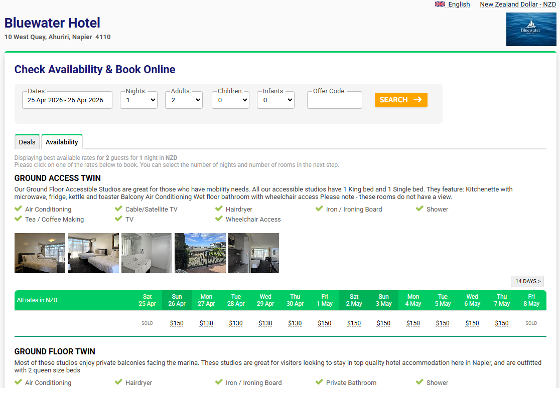 Bluewater Hotel booking engine — Strait Reservations preview